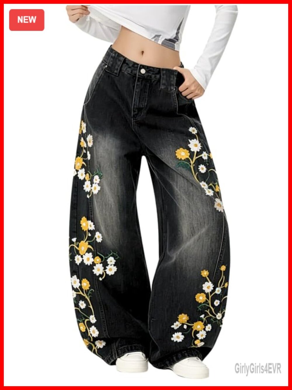 Baggy Floral Embroidered Wide Leg Barrel Jeans Mid Rise Button Fly